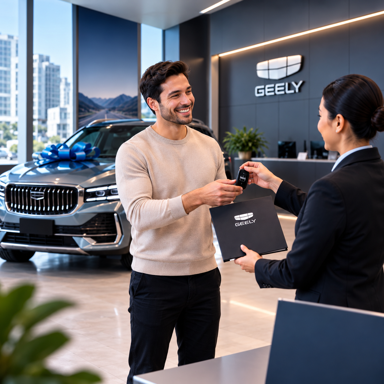 Asesora entregando las llaves de un Geely a un cliente en el showroom